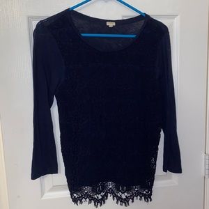Three quarter length shirt from J Crew, dark blue, lace overlay, size medium